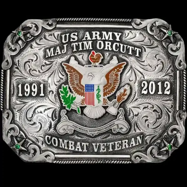 "Perfection lies in the details with this buckle! Our Fort Bliss Belt Buckle is crafted from a German Silver base, featuring hand-engraved, western-inspired scrollwork, a traditional rope edge, and stars in each corner, all complemented by cubic zirc
